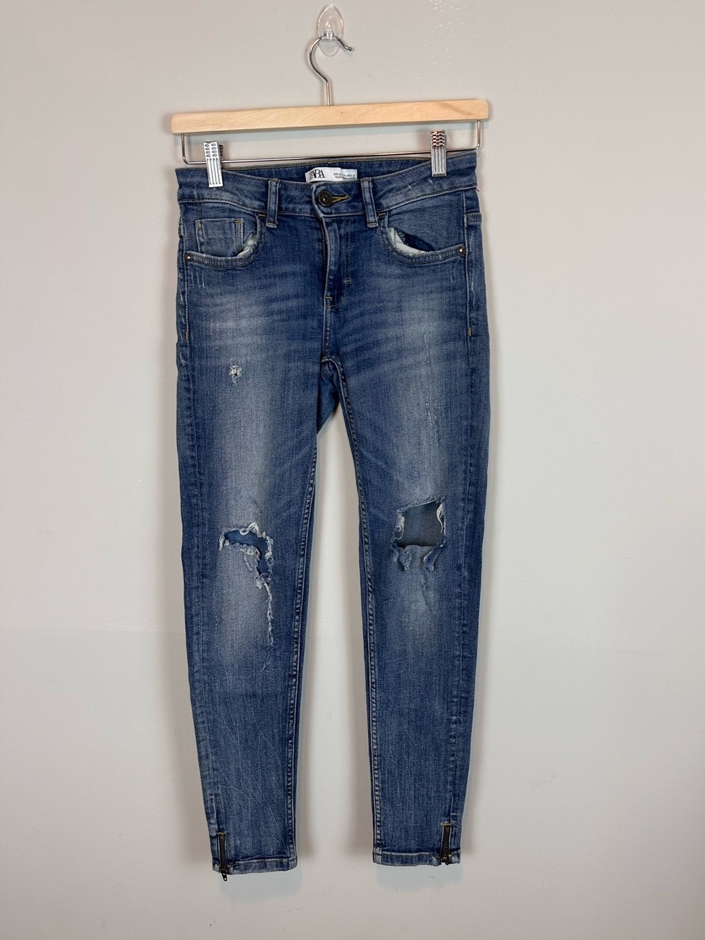 Zara TRF Distressed Skinny Jeans Ankle Zip Medium Wash Size M EU 38